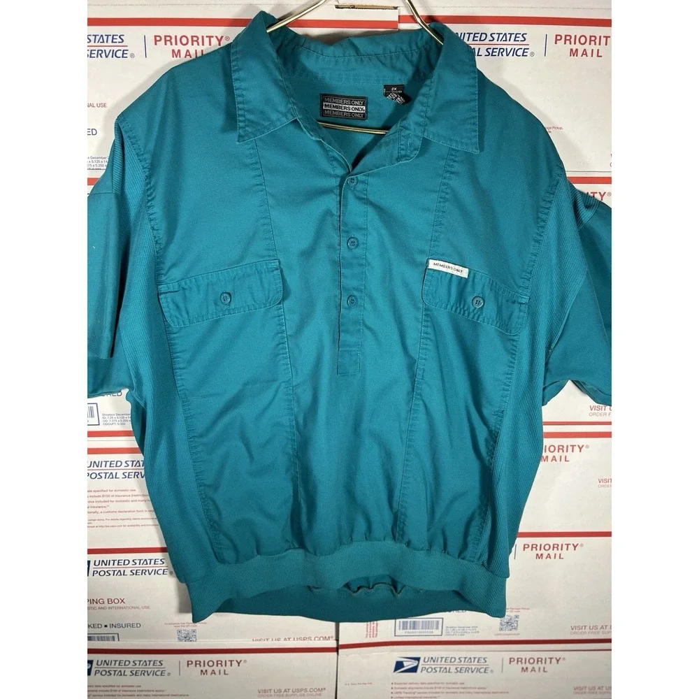 Vintage 70s 80s Members Only Polo Big 2X Shirt‎ Teal Green Banded Bottom Disco - Picture 2 of 8